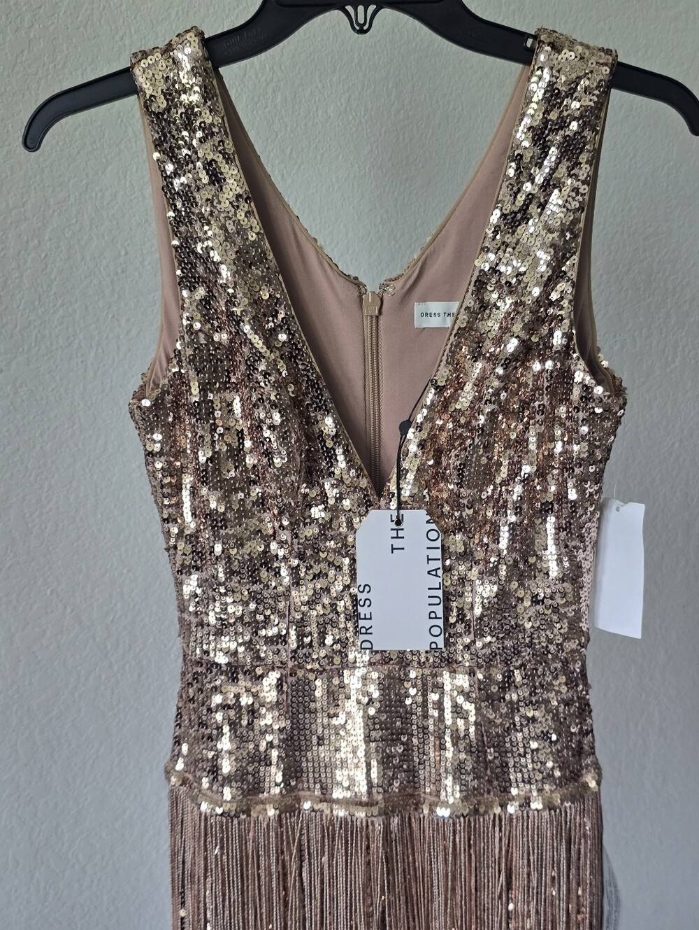 Dress The Population NWT Gold Sequin Fringe Maxi Gown XS $598 Deep V Formal - Picture 5 of 16